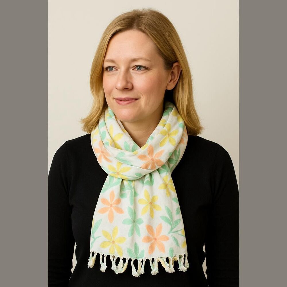 NEW Glentex Floral Scarf - Made in Thailand - Pastel Flowers - With Tags!